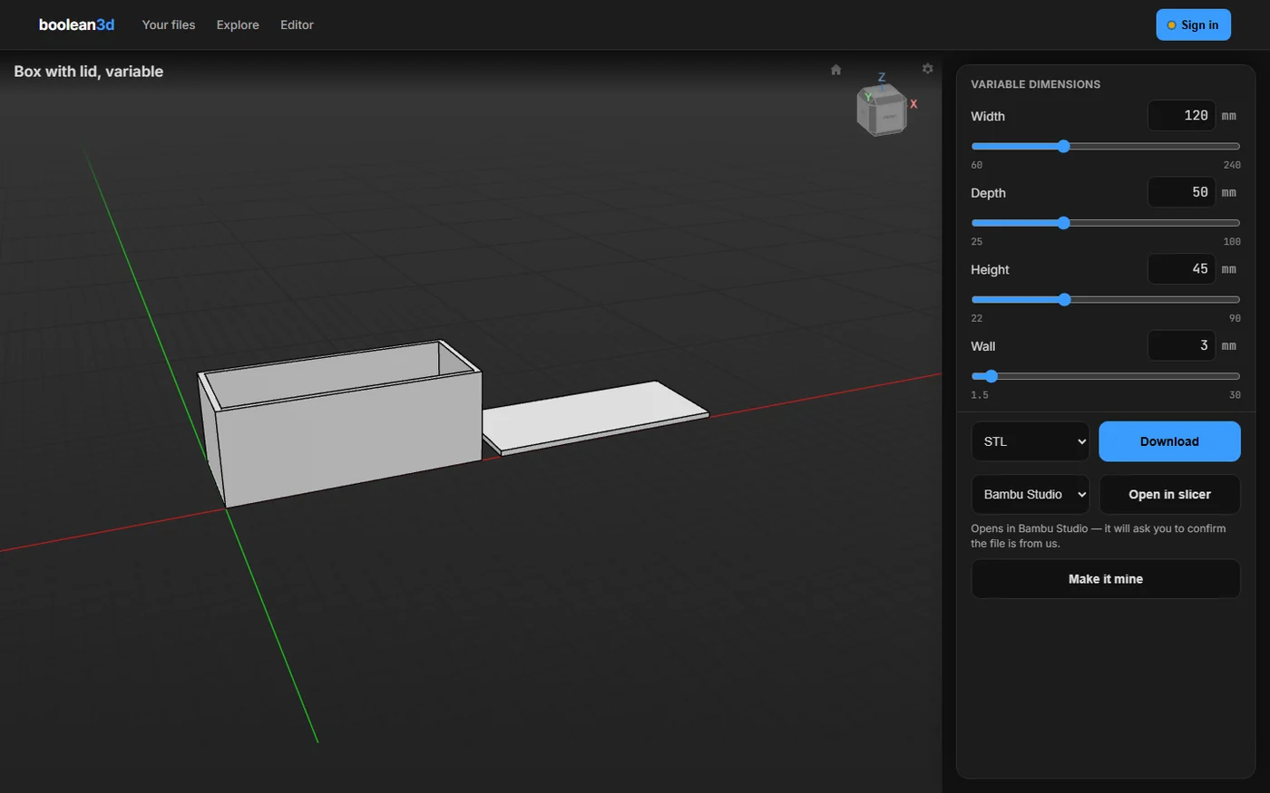 The shared page of the box: the part on the left, sliders for width, depth, height and wall on the right.